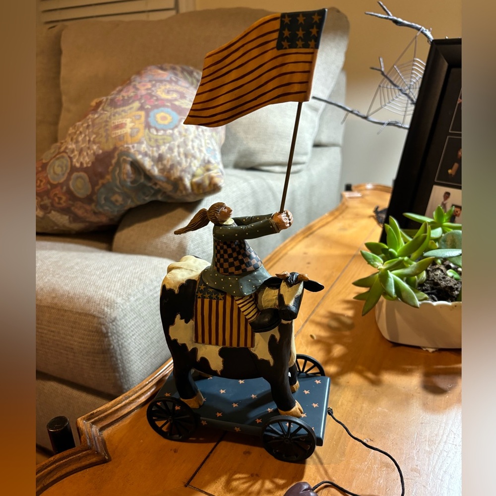 Williraye Studio WW1310 American Flag Girl on Cow Pull Toy